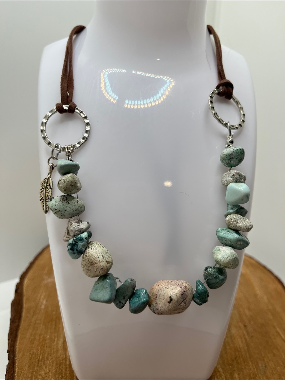 Handcrafted Turquoise Bead Necklace - Brown Suede Cord